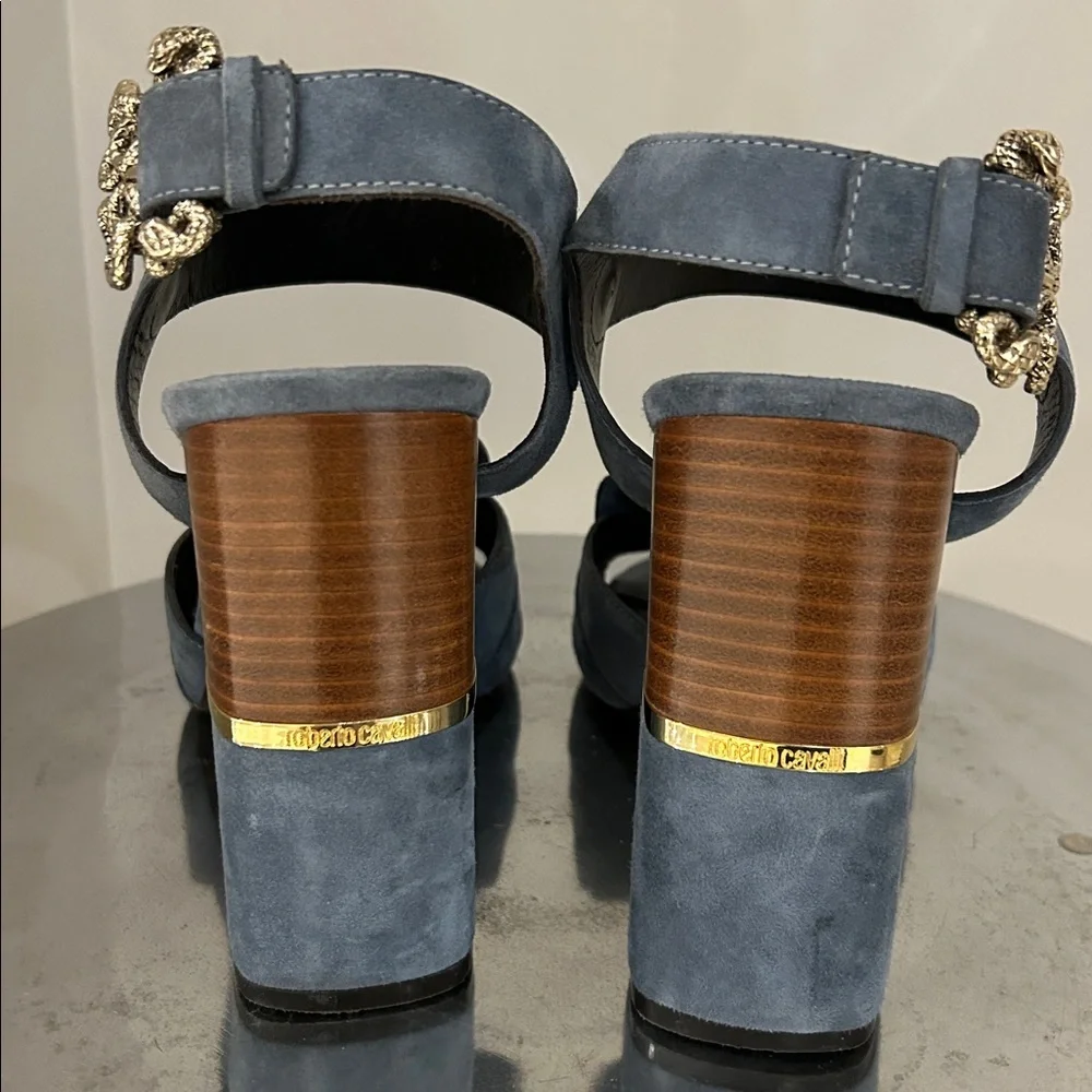 Roberto Cavalli Women's Blue Suede Block Heel Sandals - Picture 5 of 13